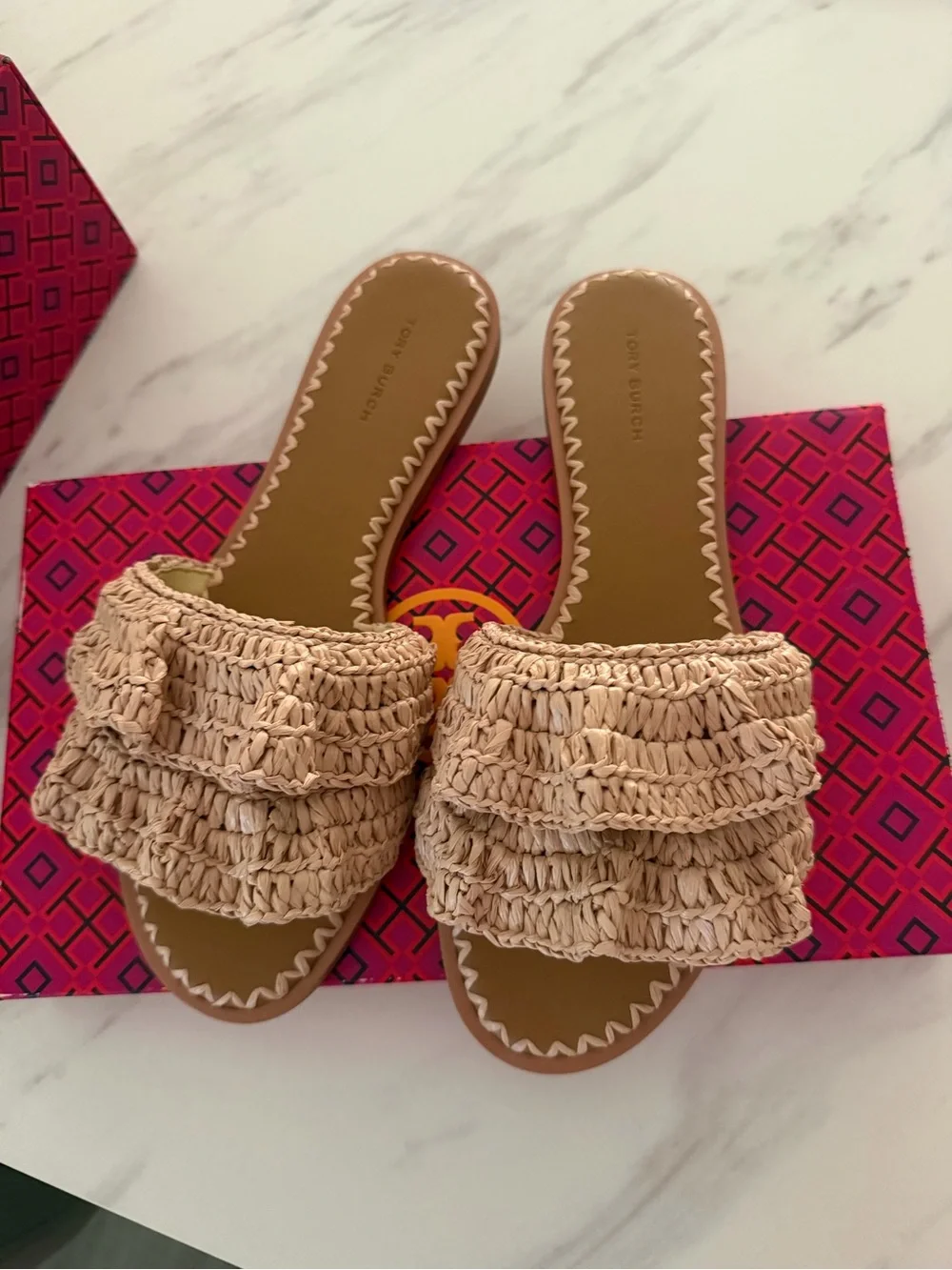 Tory Burch Natural Raffia Ruffle Slide Mules